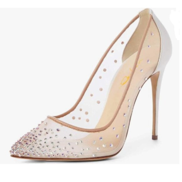 XYD White Rhinestones Studded Stiletto High Heels Mesh Slip On Pointed Toe Pump - Picture 1 of 8